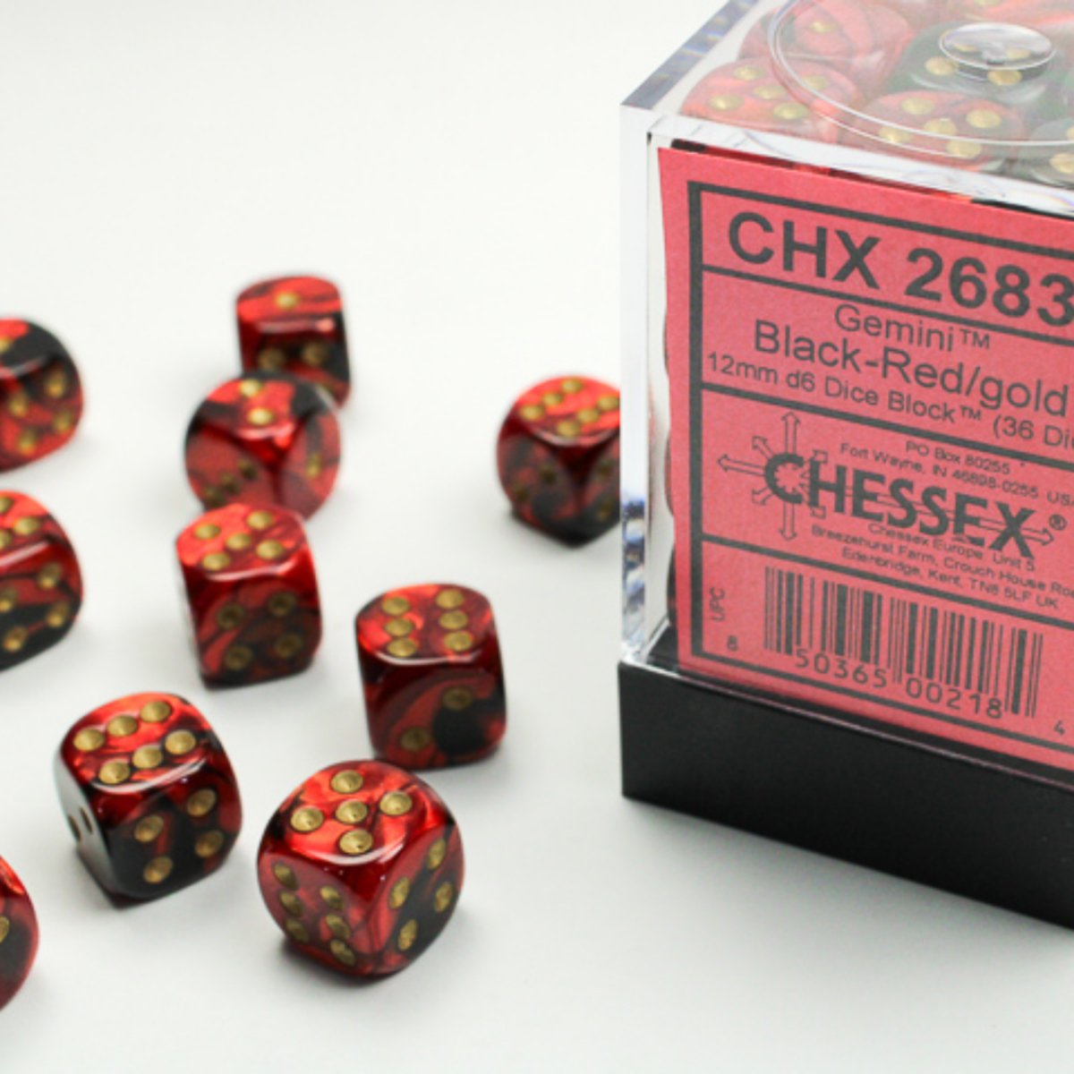 Chessex Gemini 12mm d6 Dice Blocks with pips Dice Blocks (36 Dice) - Black-Red w/gold