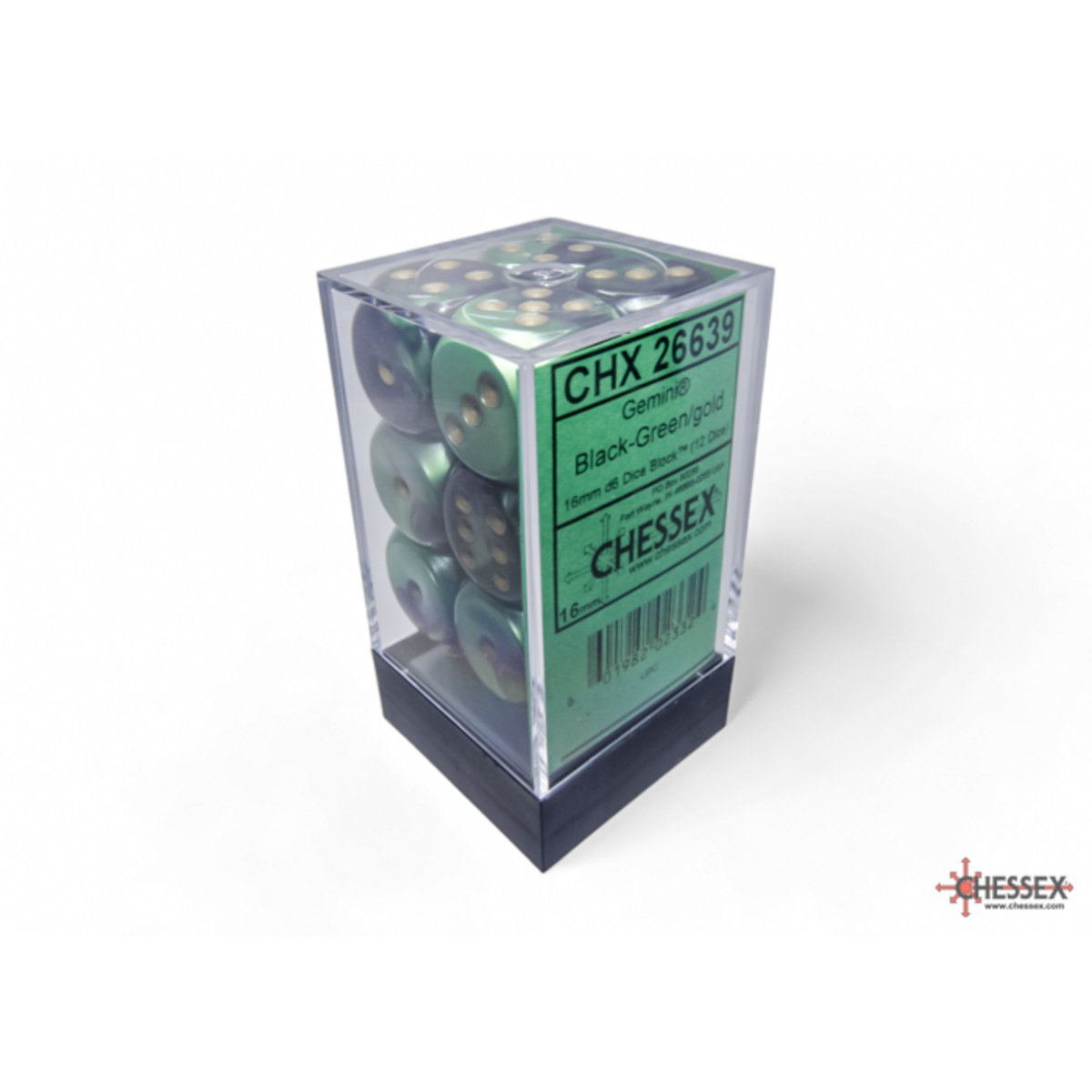 Chessex 16mm d6 Dice Gemini Black Green/gold