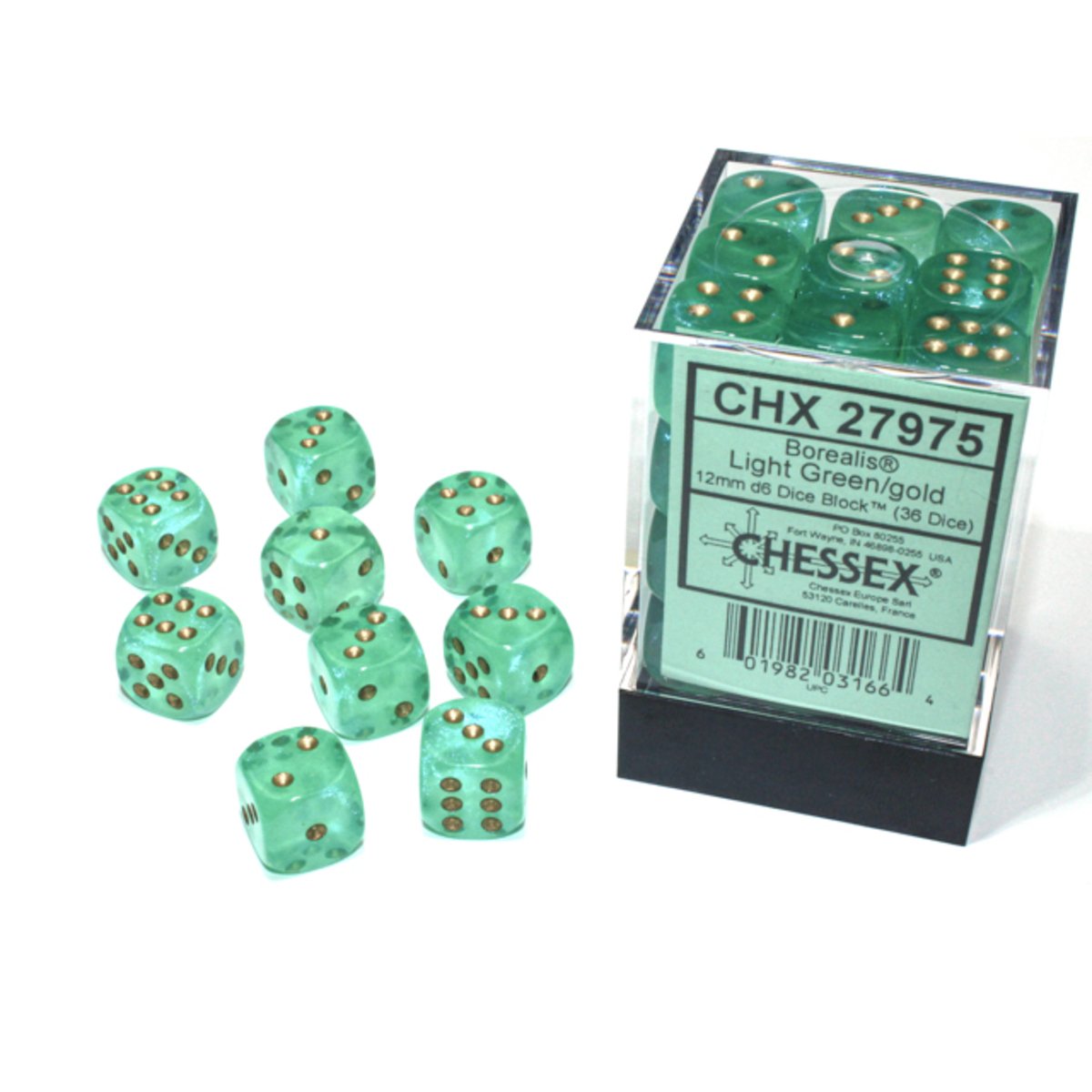 Chessex 12mm d6 Dice Borealis Light Green/gold