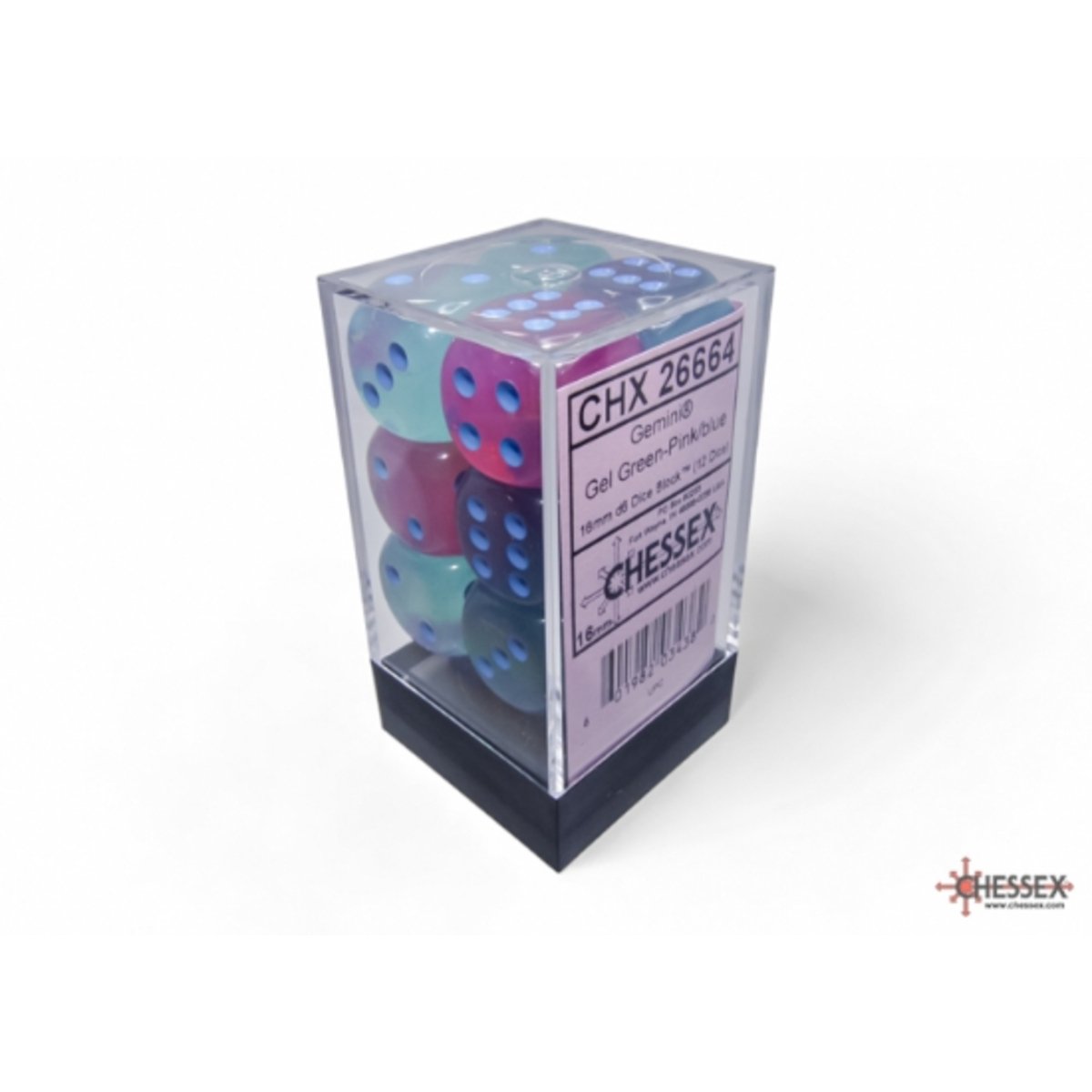 Chessex 16mm d6 Dice Gemini Gel Green pink/blue