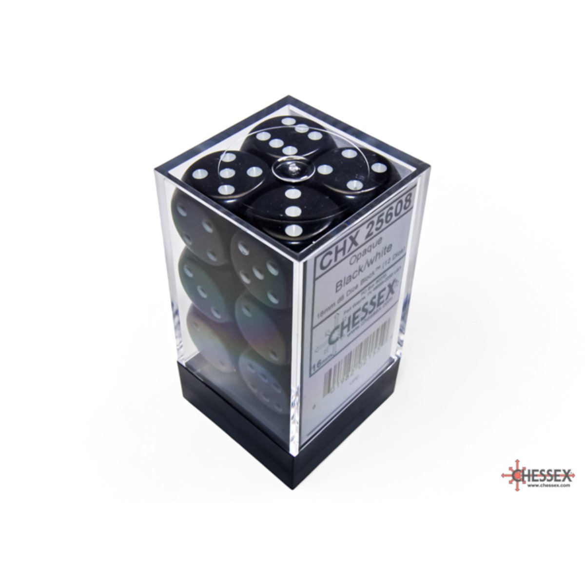 Chessex Opaque 16mm d6 with pips Dice Blocks (12 Dice) - Black w/white