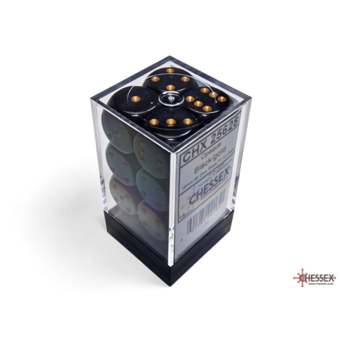 Chessex Opaque 16mm d6 with pips Dice Blocks (12 Dice) - Black w/gold