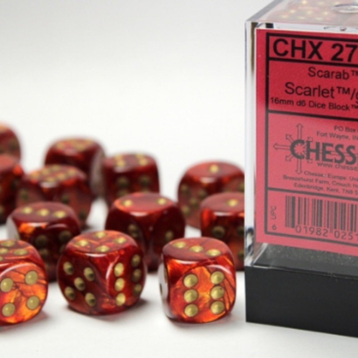 Chessex 16mm d6 Dice  Scarab Scarlet/gold